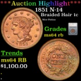 ***Auction Highlight*** 1851 Braided Hair Large Cent N-14 1c Graded ms64 rb By SEGS (fc)