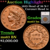 ***Auction Highlight*** 1835 Coronet Head Large Cent Head of 36 N-7 1c Graded ms63 bn By SEGS (fc)