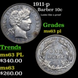 1911-p Barber Dime 10c Grades Select Unc PL