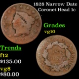 1828 Coronet Head Large Cent Narrow Date 1c Grades vg+