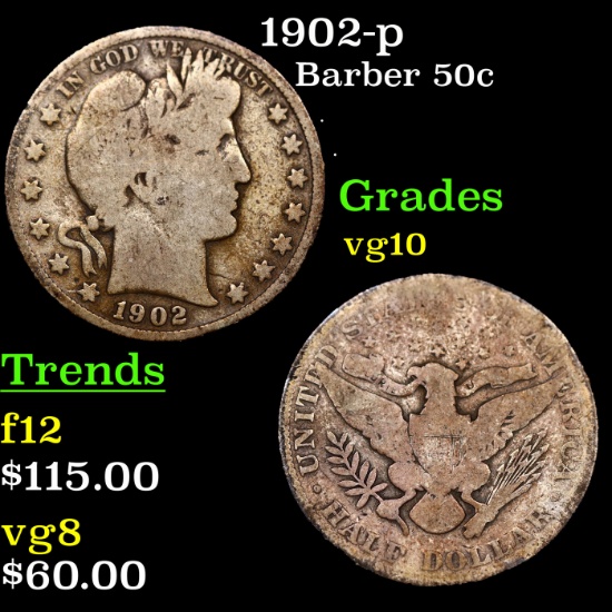 1902-p Barber Half Dollars 50c Grades vg+