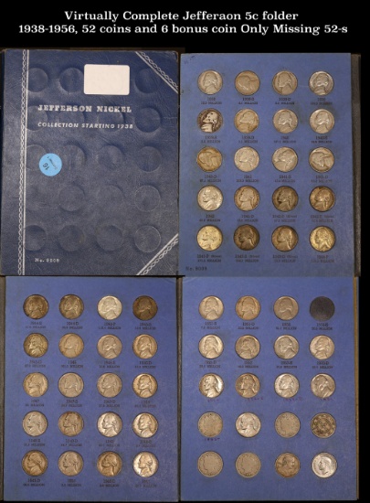 Virtually Complete Jefferaon 5c folder 1938-1956, 52 coins and 6 bonus coin Only Missing 52-s