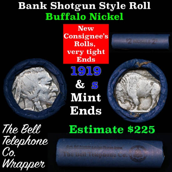 Buffalo Nickel Shotgun Roll in Old Bank Style 'Bell Telephone'  Wrapper 1919 & s Mint Ends