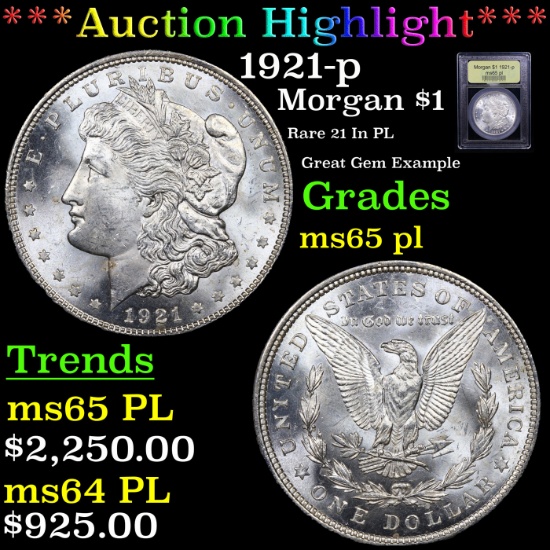 ***Auction Highlight*** 1921-p Morgan Dollar $1 Graded GEM Unc PL By USCG (fc)