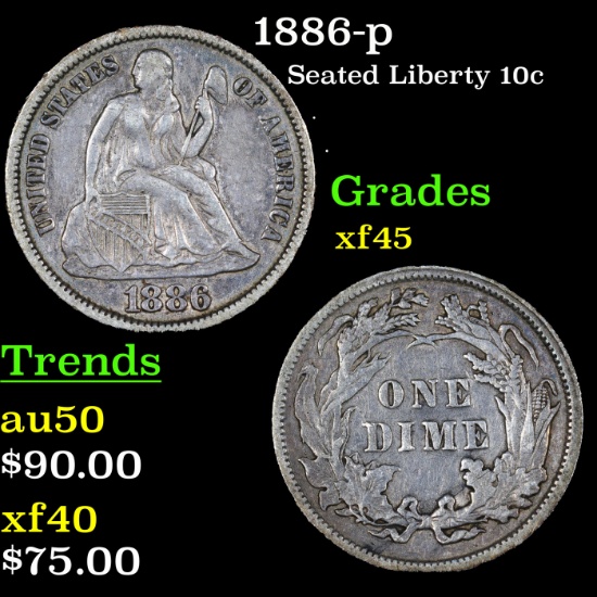 1886-p Seated Liberty Dime 10c Grades xf+