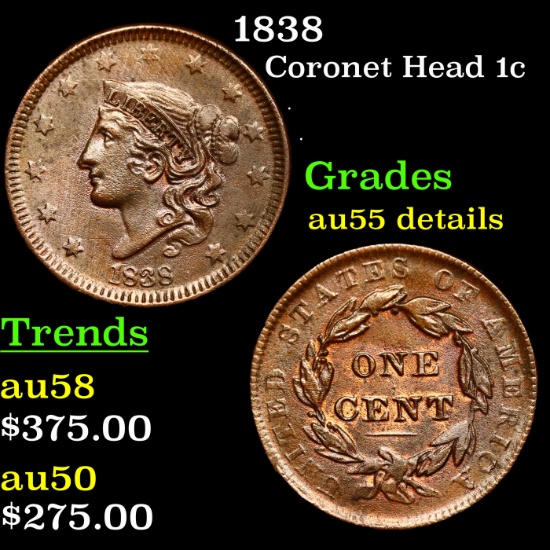 1838 Coronet Head Large Cent 1c Grades au details