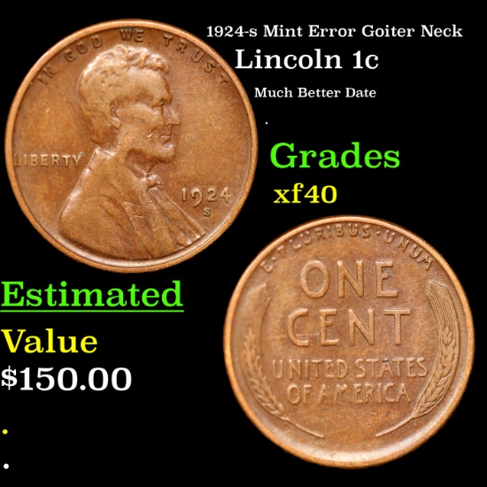 1924-s Lincoln Cent Mint Error Goiter Neck 1c Grades xf