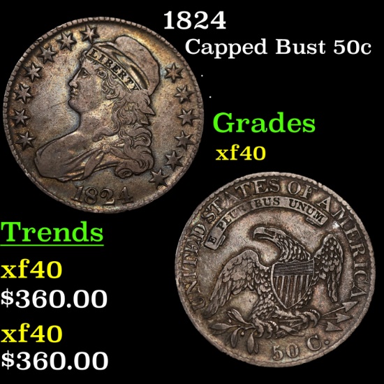 1824 Capped Bust Half Dollar 50c Grades xf