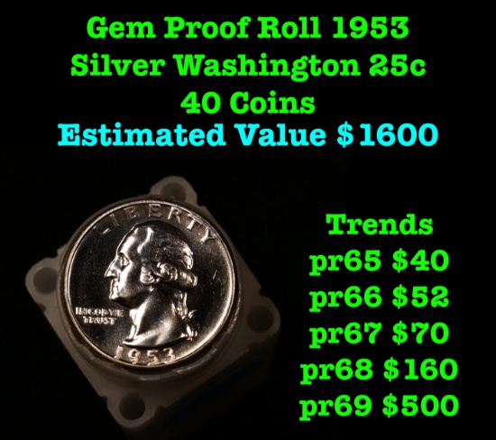***Auction Highlight*** Full Gem Proof Roll 1953 Silver Washington 25c, 50 Coins total (fc)