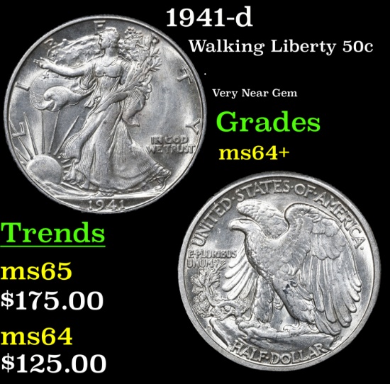 1941-d Walking Liberty Half Dollar 50c Grades Choice+ Unc