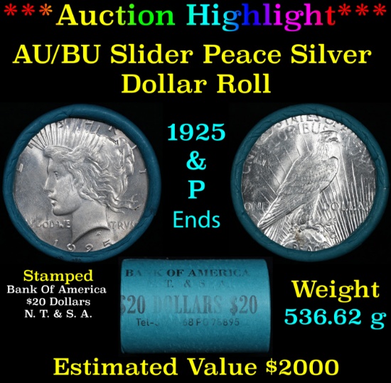 ***Auction Highlight*** AU/BU Slider Bank Of America Shotgun Peace $1 Roll 1925 & P Ends Virtually U