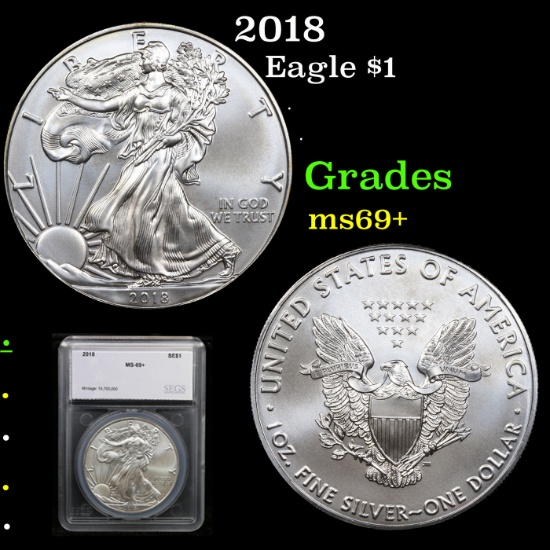 2018 Silver Eagle Dollar $1 Graded ms69+ By SEGS