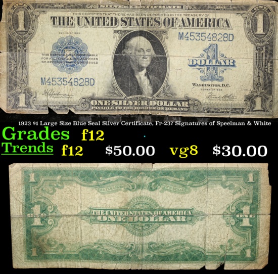 1923 $1 Large Size Blue Seal Silver Certificate, Fr-237 Signatures of Speelman & White Grades f, fin