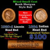 Mixed small cents 1c orig shotgun roll, 1920-d Wheat Cent, 1864 Indian Cent other end, brinks Wrappe