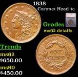 1838 Coronet Head Large Cent 1c Graded ms62 details By SEGS