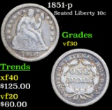 1851-p Seated Liberty Dime 10c Grades vf++
