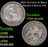 1853 Arrows & Rays Seated Liberty Quarter 25c Grades vf details