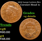 1834 Large Letters Rev Coronet Head Large Cent 1c Grades vg details
