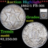 ***Auction Highlight*** 1862/1 Three Cent Silver FS-301 3cs Graded ms66 BY SEGS (fc)