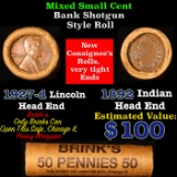 Mixed small cents 1c orig shotgun roll, 1927-d Lincoln cent, 1892 Indian Cent other end, McDonalds W