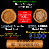 Mixed small cents 1c orig shotgun roll, 1928-s Wheat Cent, 1861 Indian Cent other end,brinks Wra