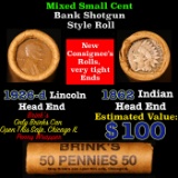 Mixed small cents 1c orig shotgun roll, 1926-d  Wheat Cent, 1862 Indian Cent other end, brinks Wrapp