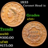 1833 Coronet Head Large Cent 1c Grades xf++