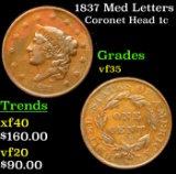 1837 Med Letters Coronet Head Large Cent 1c Grades vf++