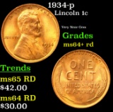 1934-p Lincoln Cent 1c Grades Choice+ Unc RD
