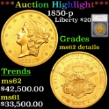 ***Auction Highlight*** 1850-p Gold Liberty Double Eagle $20 Graded ms62 details By SEGS (fc)