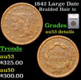 1842 Large Date Braided Hair Large Cent 1c Graded au53 details By SEGS