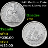 1842 Medium Date Seated Half Dollar 50c Grades vf++