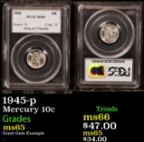 PCGS 1945-p Mercury Dime 10c Graded ms65 By PCGS