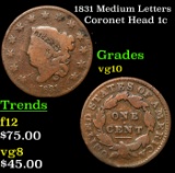 1831 Medium Letters Coronet Head Large Cent 1c Grades vg+