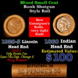 Mixed small cents 1c orig shotgun roll, 1929-s Wheat Cent, 1860 Indian Cent other end,brinks Wra