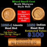 Mixed small cents 1c orig shotgun roll, 1925-d Wheat Cent, 1859 Indian Cent other end, McDonalds Wra