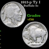 1913-p Ty I Buffalo Nickel 5c Grades vf++