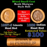 Mixed small cents 1c orig shotgun roll, 1927-s Wheat Cent, 1889 Indian Cent other end, Brinks Wrappe