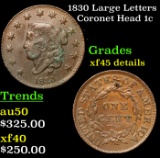 1830 Large Letters Coronet Head Large Cent 1c Grades xf details