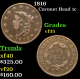 1816 Coronet Head Large Cent 1c Grades vf++