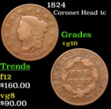 1824 Coronet Head Large Cent 1c Grades vg+