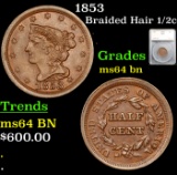 1853 Braided Hair Half Cent 1/2c Graded ms64 bn By SEGS