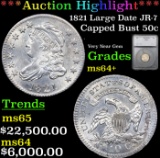 ***Auction Highlight*** 1821 Capped Bust Half Dollar Large Date JR-7 50c Graded ms64+ By SEGS (fc)
