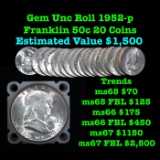 Full roll of 1952 Frankllin 50c, 20 Coins total Franklin Half Dollar 50c