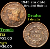 1843 sm date Braided Hair Large Cent 1c Grades f details