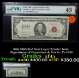 1966 $100 Red Seal Legal Tender Note, Signatures of Granahan & Fowler Fr-1550 Graded xf45 By PMG