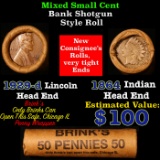 Mixed small cents 1c orig shotgun roll, 1929-d Wheat Cent, 1864 Indian Cent other end, b