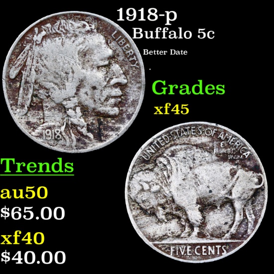 1918-p Buffalo Nickel 5c Grades xf+