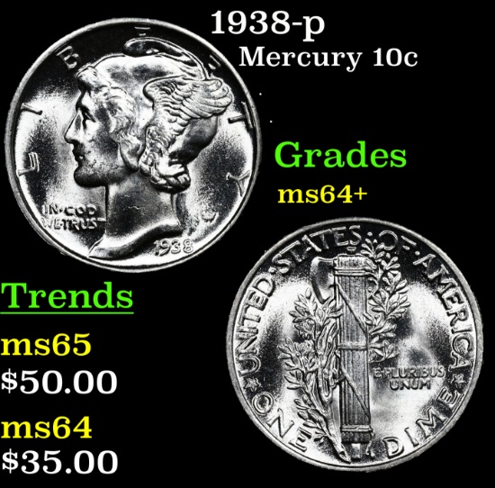 1938-p Mercury Dime 10c Grades Choice+ Unc