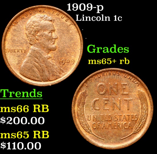 1909-p Lincoln Cent 1c Grades Gem+ Unc RB